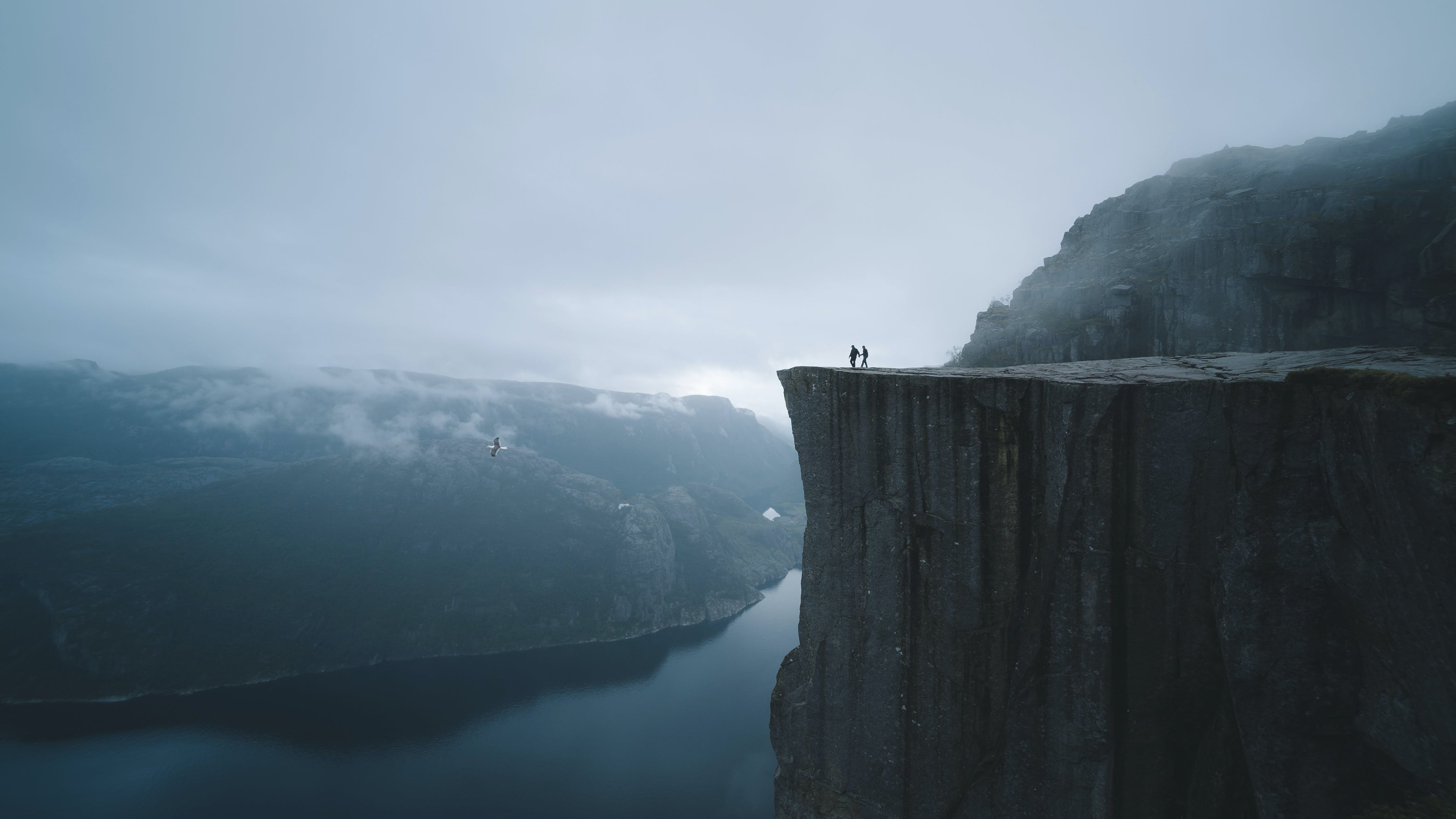 Two people look at an eagle from a high cliff with river water below it
